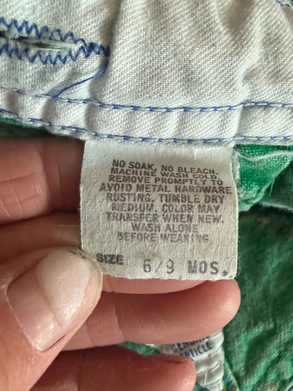 Vintage OshKosh B'gosh Blue Denim Overalls with Green Trim long sleeves